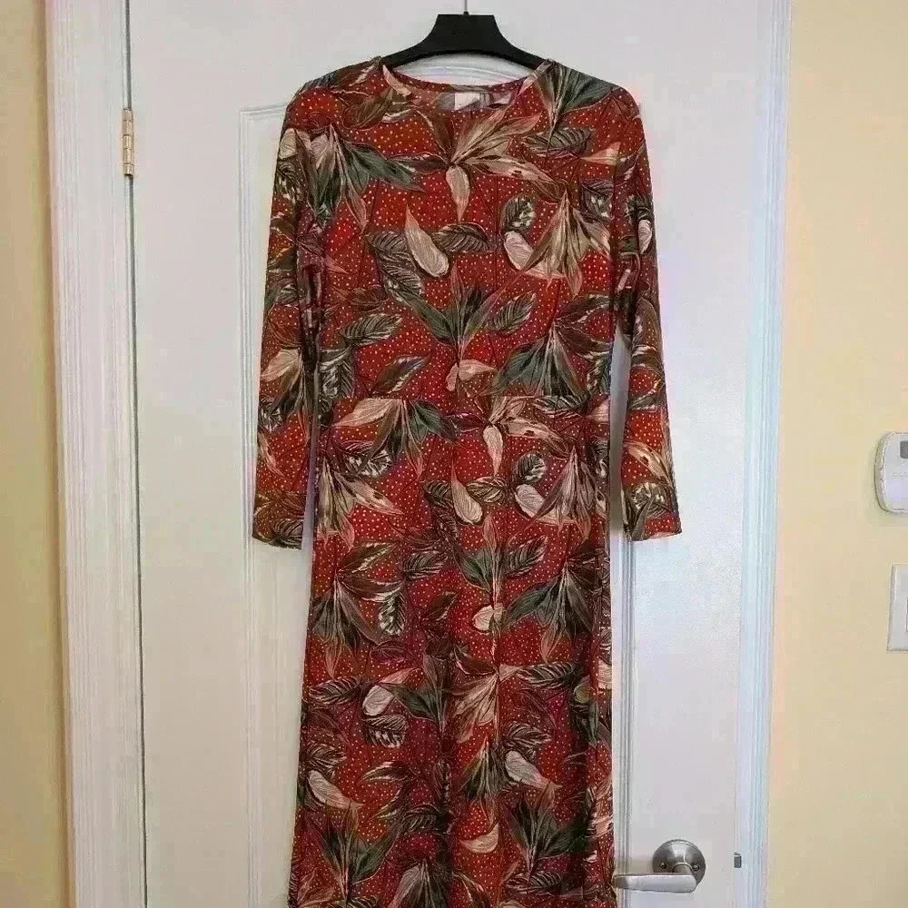 Vintage red green brown floral dress with long sleeves size small